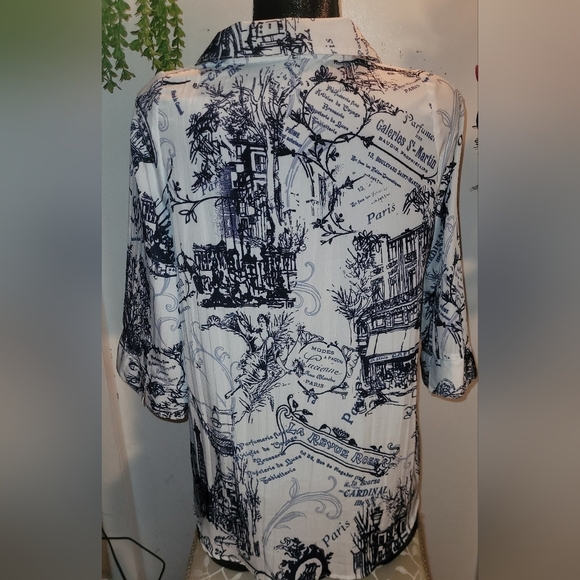 Alia White Paris Scene Print Cropped Sleeve Shirt Sz.16 - Picture 6 of 7